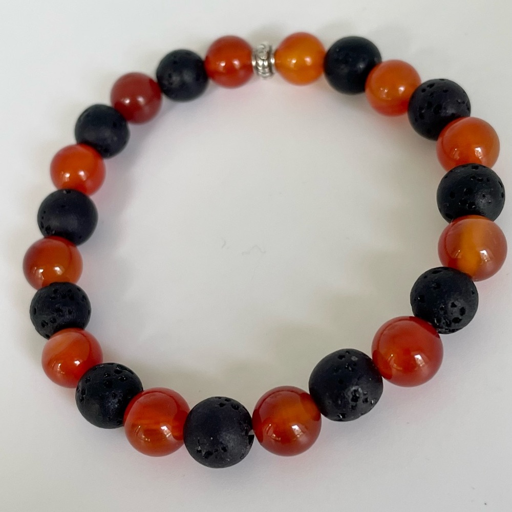 Men’s Handmade Natural Stone Elastic Bracelet- Lava Stone and Red Agate